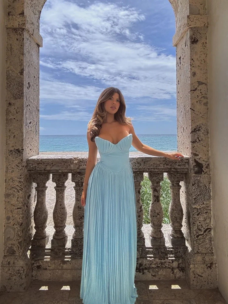 Women's Summer Elegant Pleated Dress Tube Long Dresses