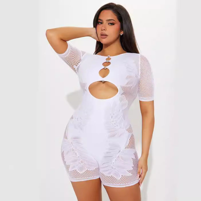 Women's Knitted Sexy With Diamonds Pure White Sleeve Hollowed Jumpsuits