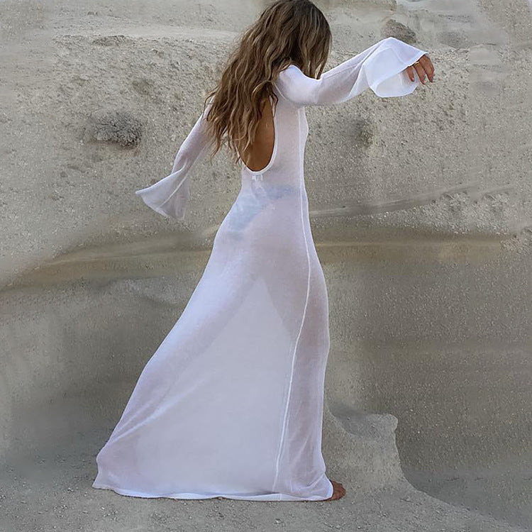 Women's Summer Beach Sexy Bare Back Long Sleeve Dresses