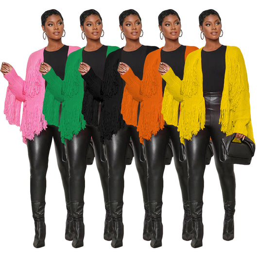 Women's Classy Solid Color Knitted Tassel Coats