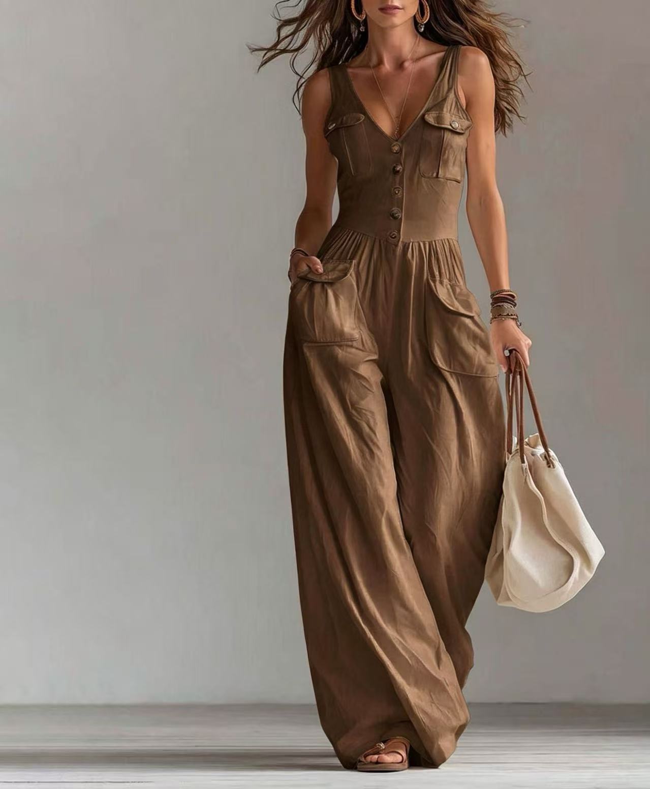 Women's Summer Solid Color Buttons Loose Casual Women's Jumpsuit/clothing