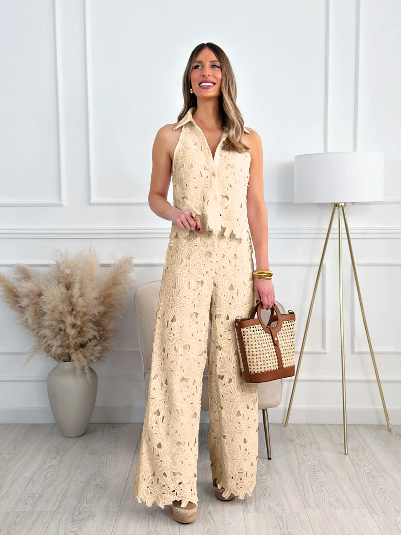 Summer French Style Embroidered Hollow Straight Fashion Casual Suit