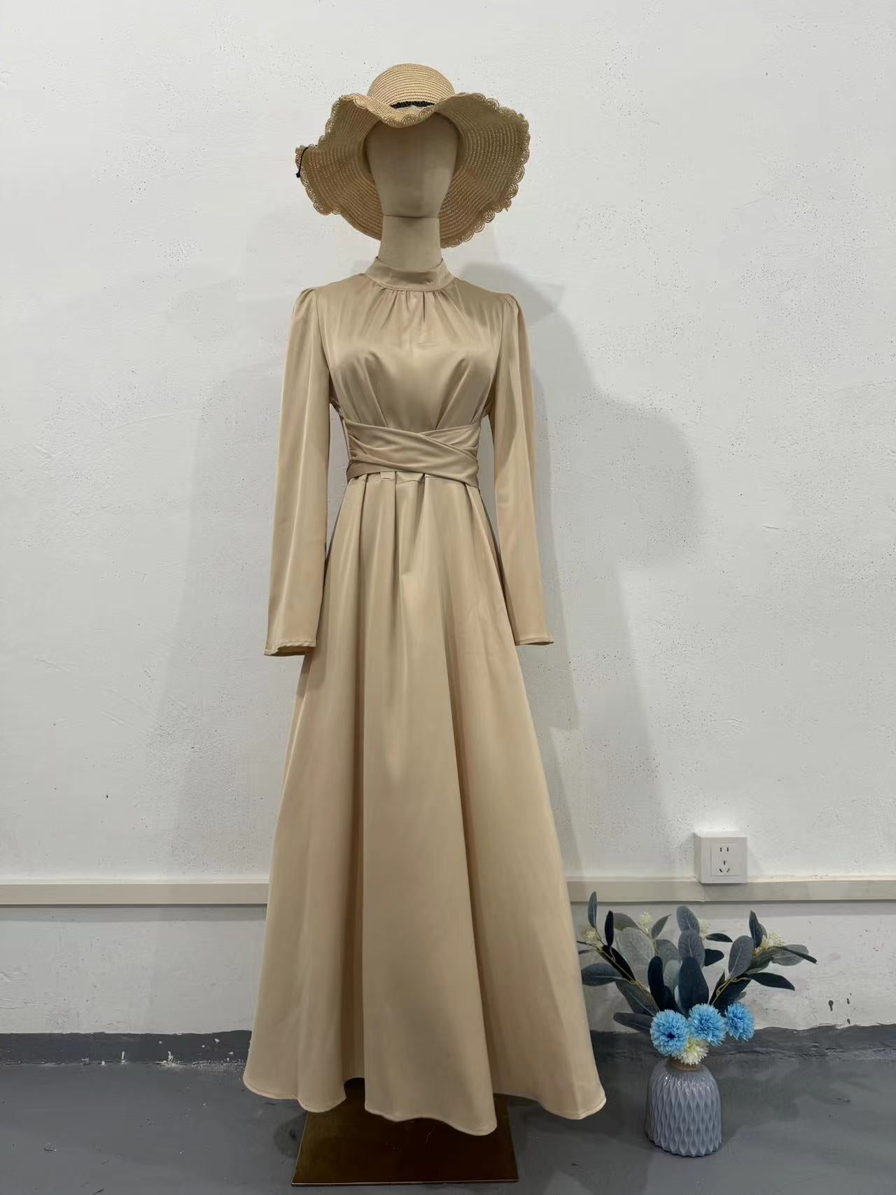 Spring Solid Color Satin Princess Style Waist Dresses