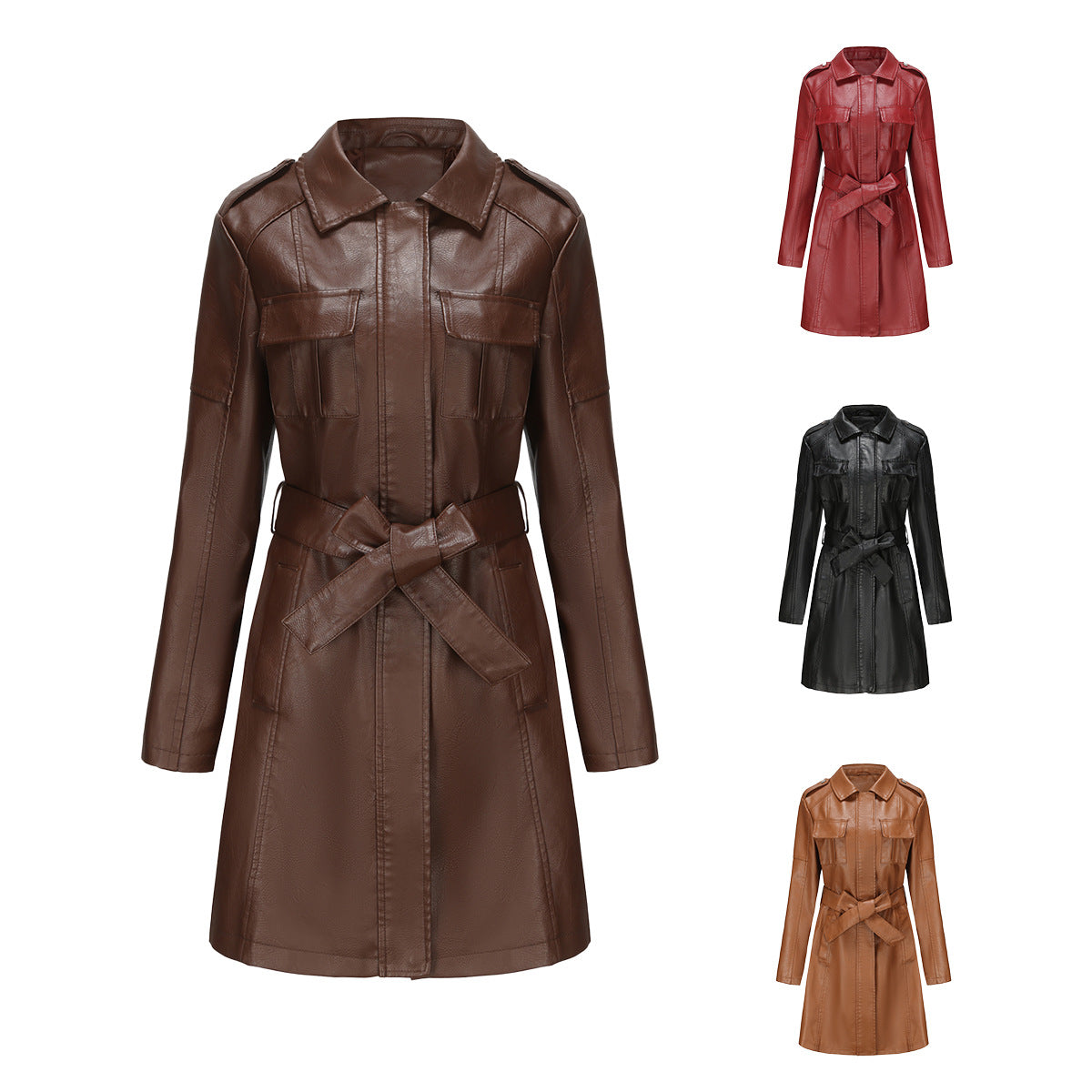 Women's Mid-length Leather Including Belt Long Sleeve Wind Fashion Jackets