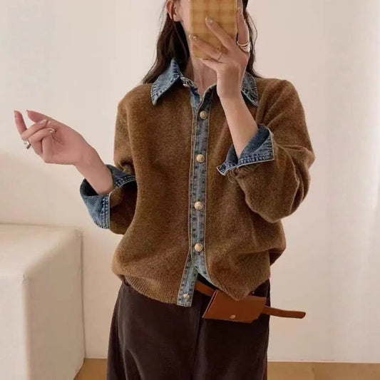 Denim Stitching Fake Two Pieces Female Sweaters