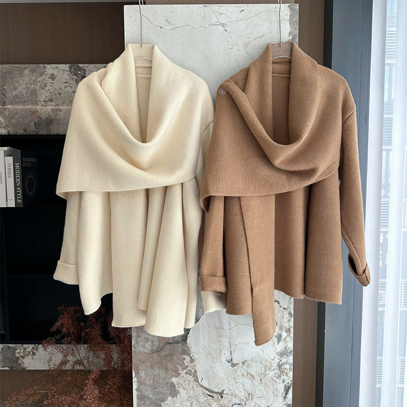 Women's Relaxed Atmosphere Scarf Collar Knitted Design Knitwear