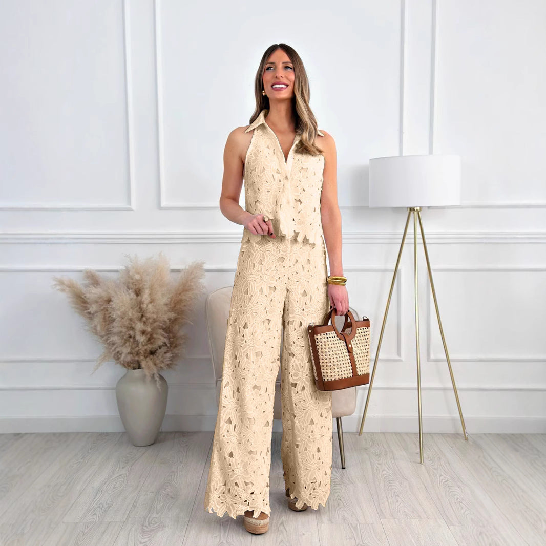 Summer French Style Embroidered Hollow Straight Fashion Casual Suit