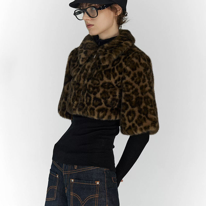 Women's Fashion Polo Collar Leopard Zipper Fur Blouses