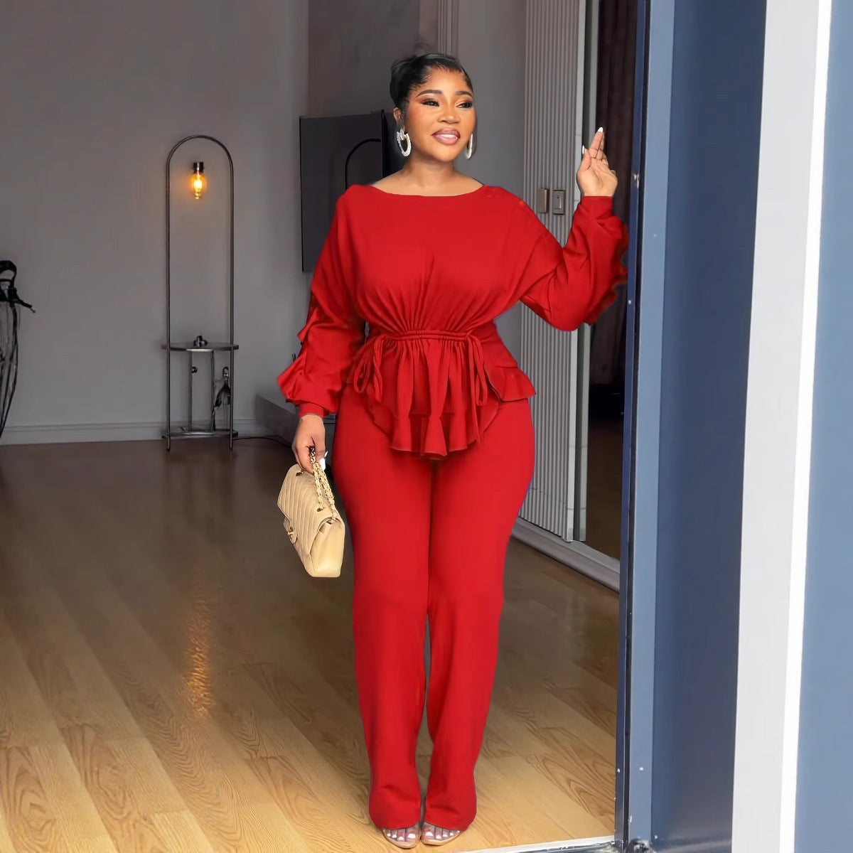 Stretch Slim Lace Drawstring Long Sleeve Waist Suits