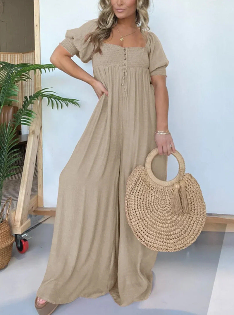 Pure Color Puff Sleeve Pleated Siamese Skirts