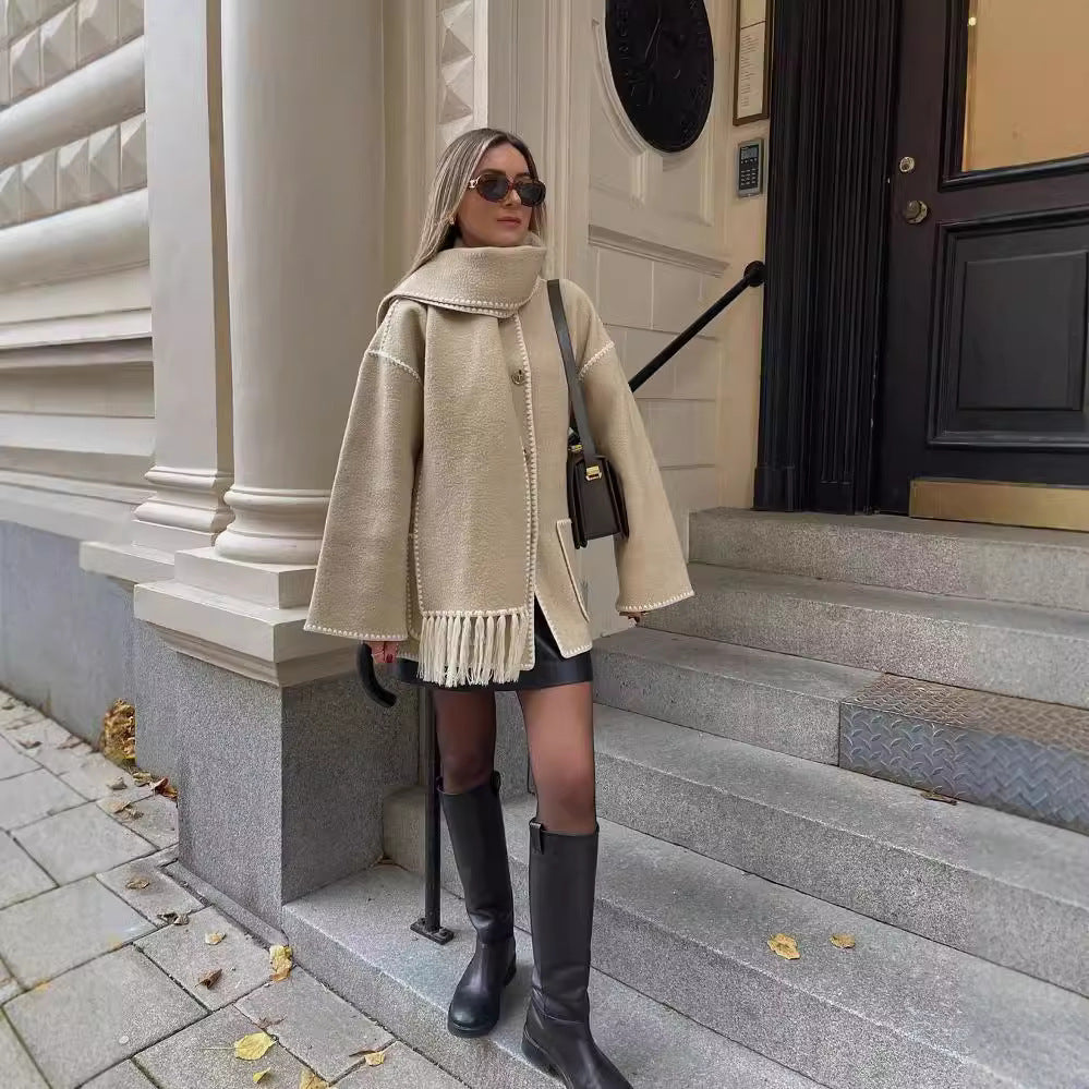 Women's Fashion Woolen Thick Loose With Scarf Coats