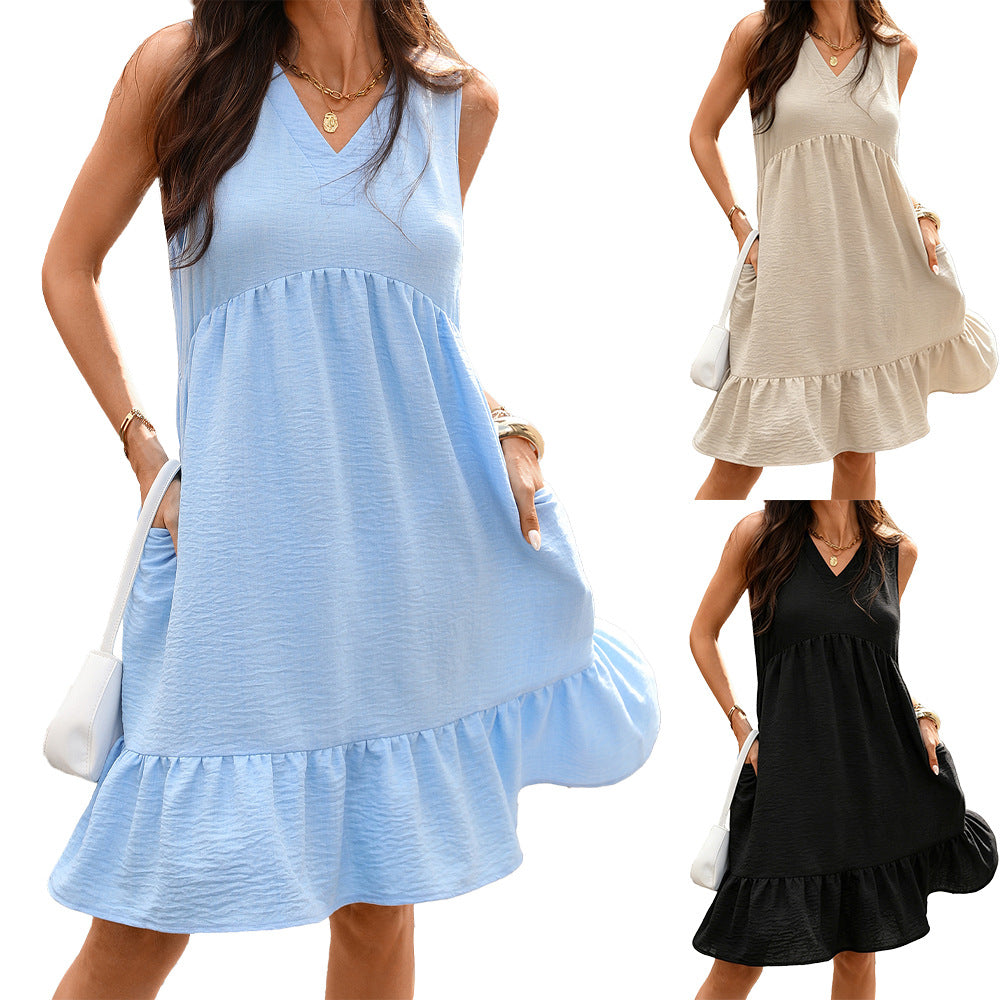 Solid Color Loose Pockets Pleated Sleeveless Dress
