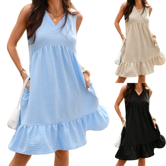 Solid Color Loose Pockets Pleated Sleeveless Dress