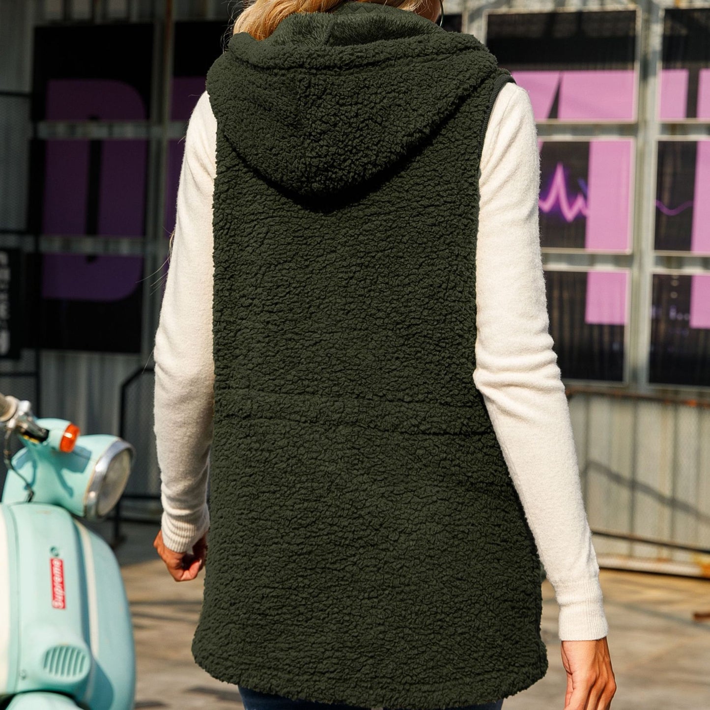 Women's Shiny Veet Autumn Hooded Sleeveless Zipper Mid-length Solid Color Vests