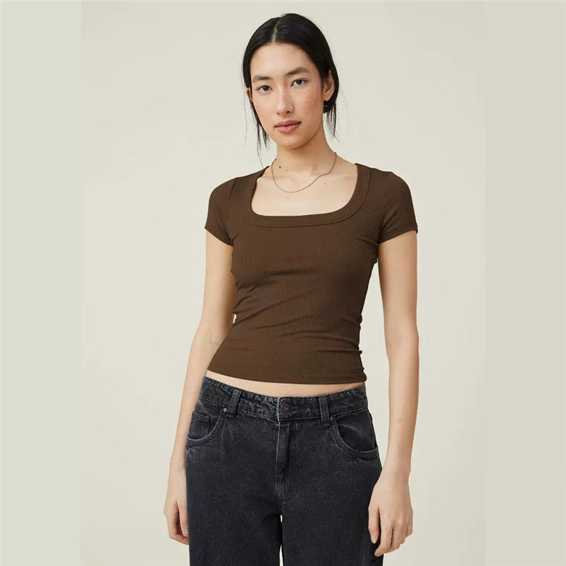 Women's Summer Cropped Slim Fit Square Collar Short-sleeved Thread Vests