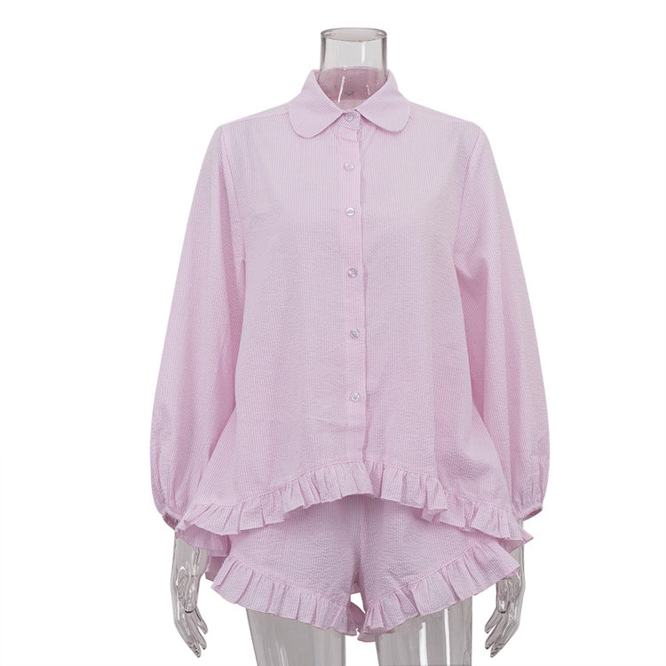 Women's Fashion Striped Lapel Puff Sleeve Ruffles Suits