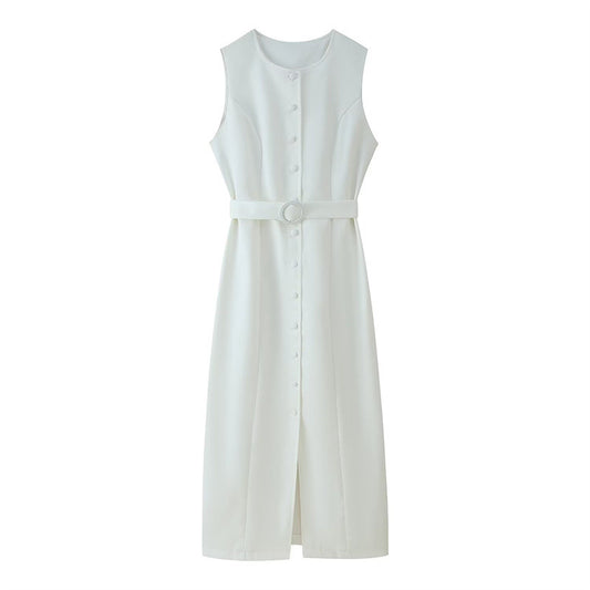 Women's Summer Round Neck Single-breasted Waistband Sleeveless Dresses