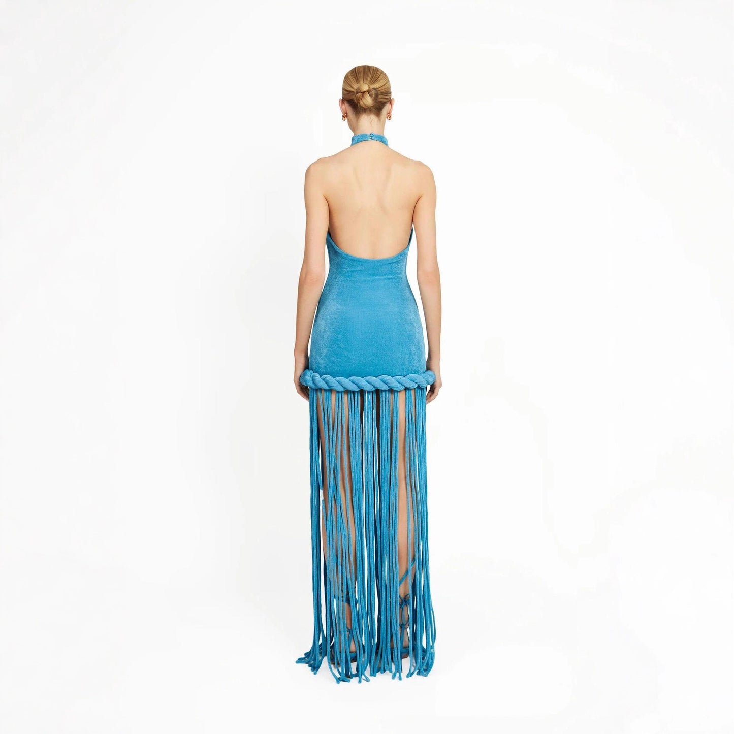 Collar Halter Veet Dress Blue Slim Fit Tassel Dresses
