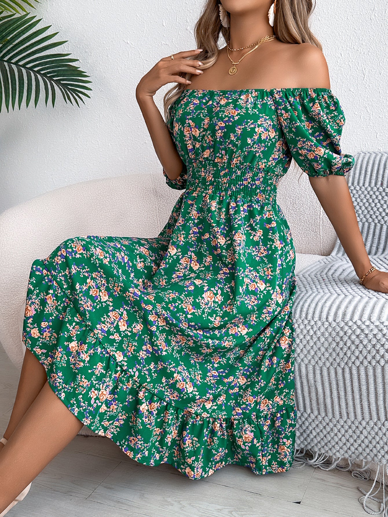 Women's Floral Square Collar Sleeve Ruffled A- Skirts