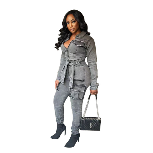 Women's Elegant Denim Stretch Slim Belt Jumpsuits