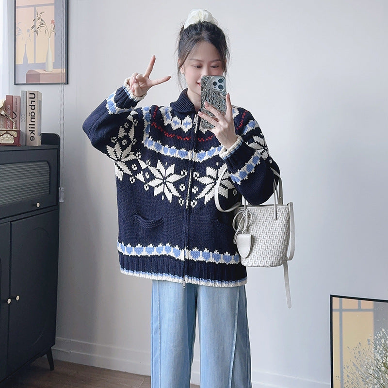 Women's Snowflake Jacquard Atmosphere Loose Zip Lapel Sweaters