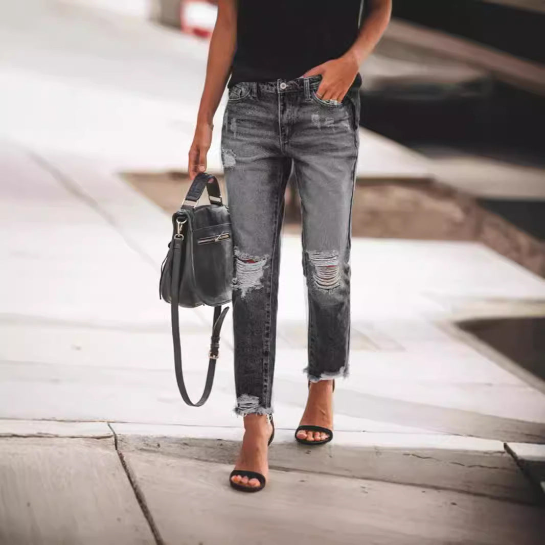 Women's Ripped Retro Fashionable Denim Trousers Women's Jeans