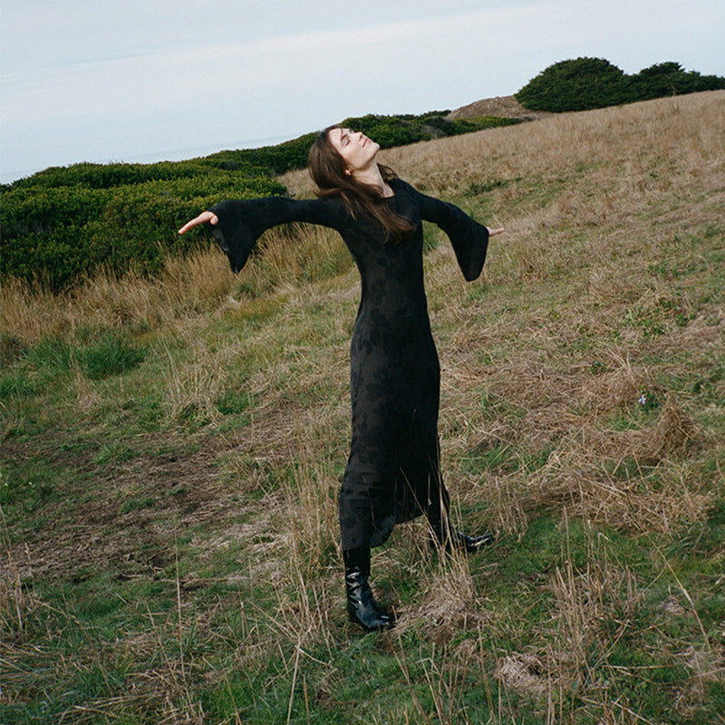 Women's Printed Black Silk Blue Long Sleeve Dresses