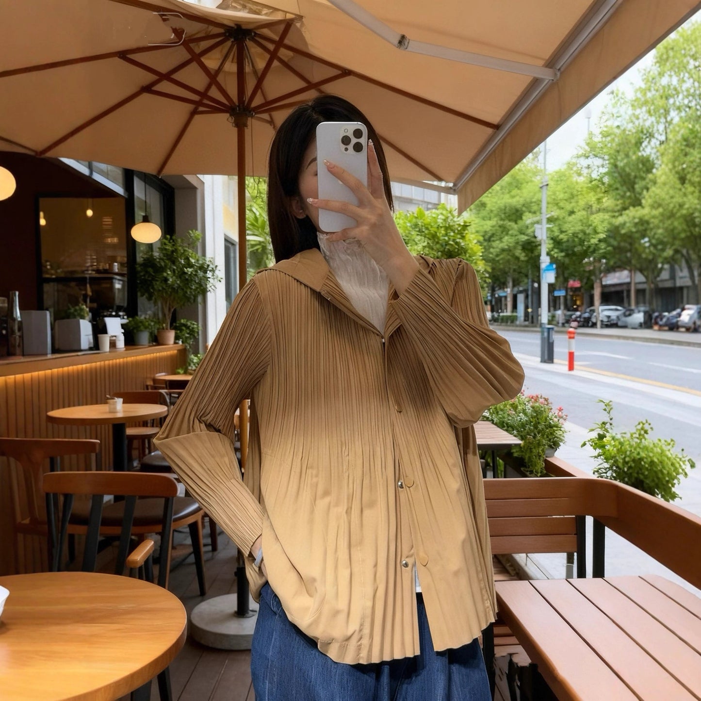 Women's Pleated Trench Fashionable Hooded Button Casual Coats