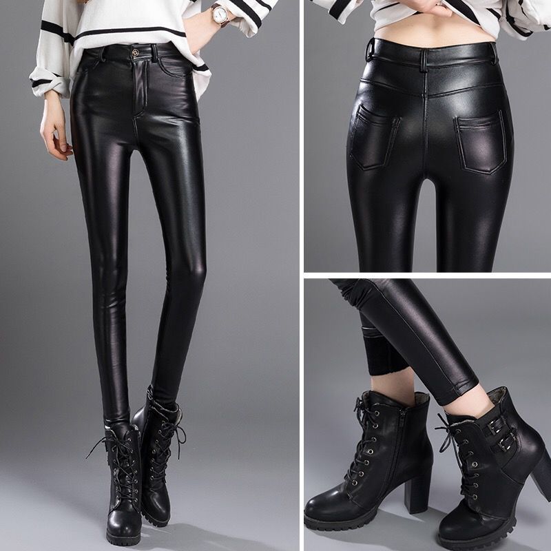 Women's Leather Fleece-lined Thick High Waist Elastic Pants