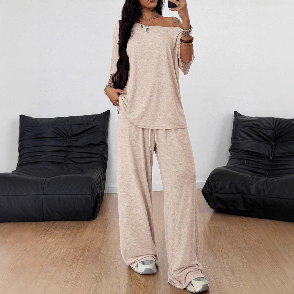 Women's Diagonal Collar Solid Color Sports Two-piece Loose Fashion Casual Suit