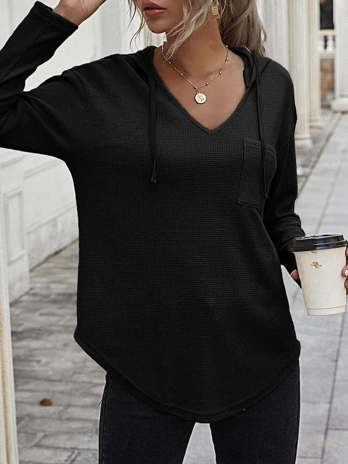 Women's Xi Waffle Casual Fashion Solid Color Hooded Knitted Patch Pocket Blouses