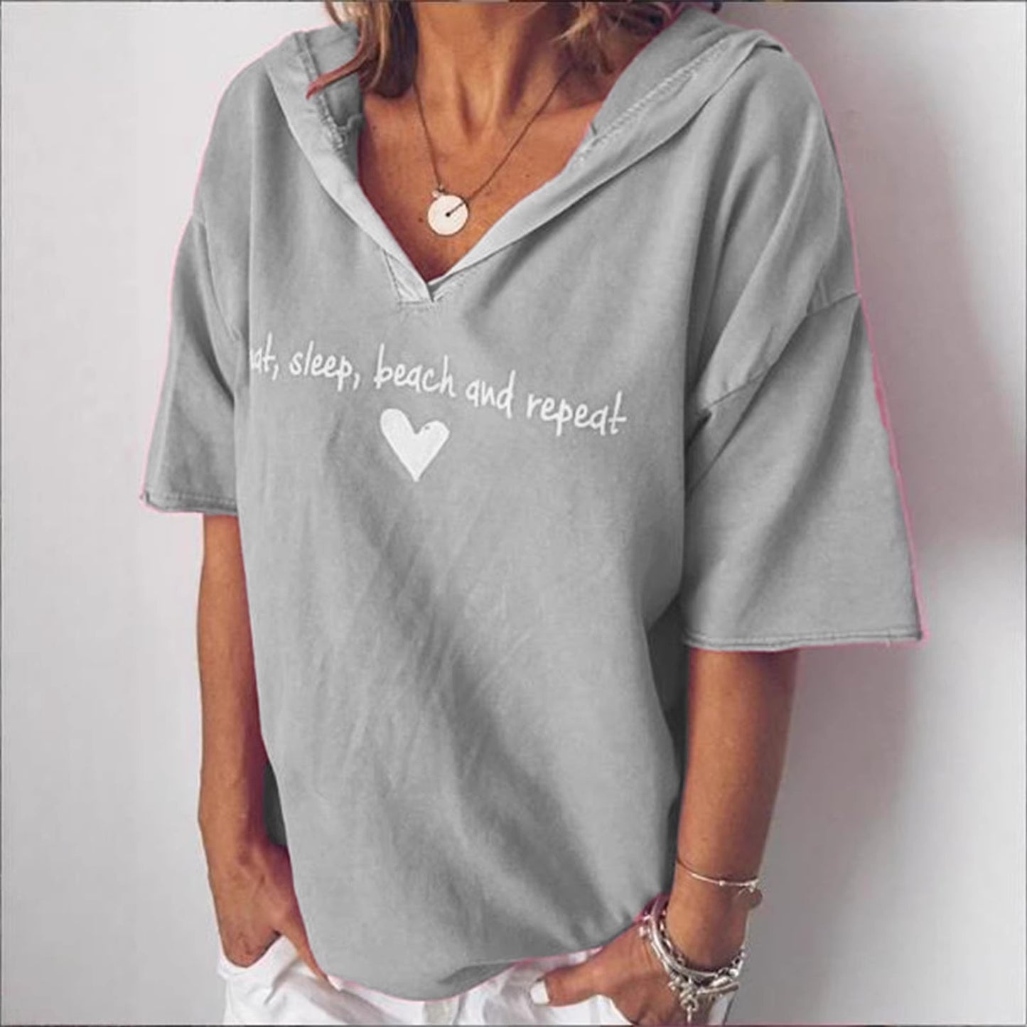 Women's Solid Color Letter Print Hooded Short-sleeved Women's T-shirt
