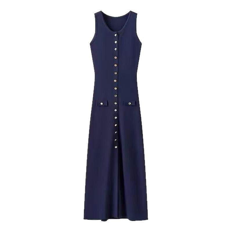 Neck Sleeveless Single-breasted High Waist Slim Dresses
