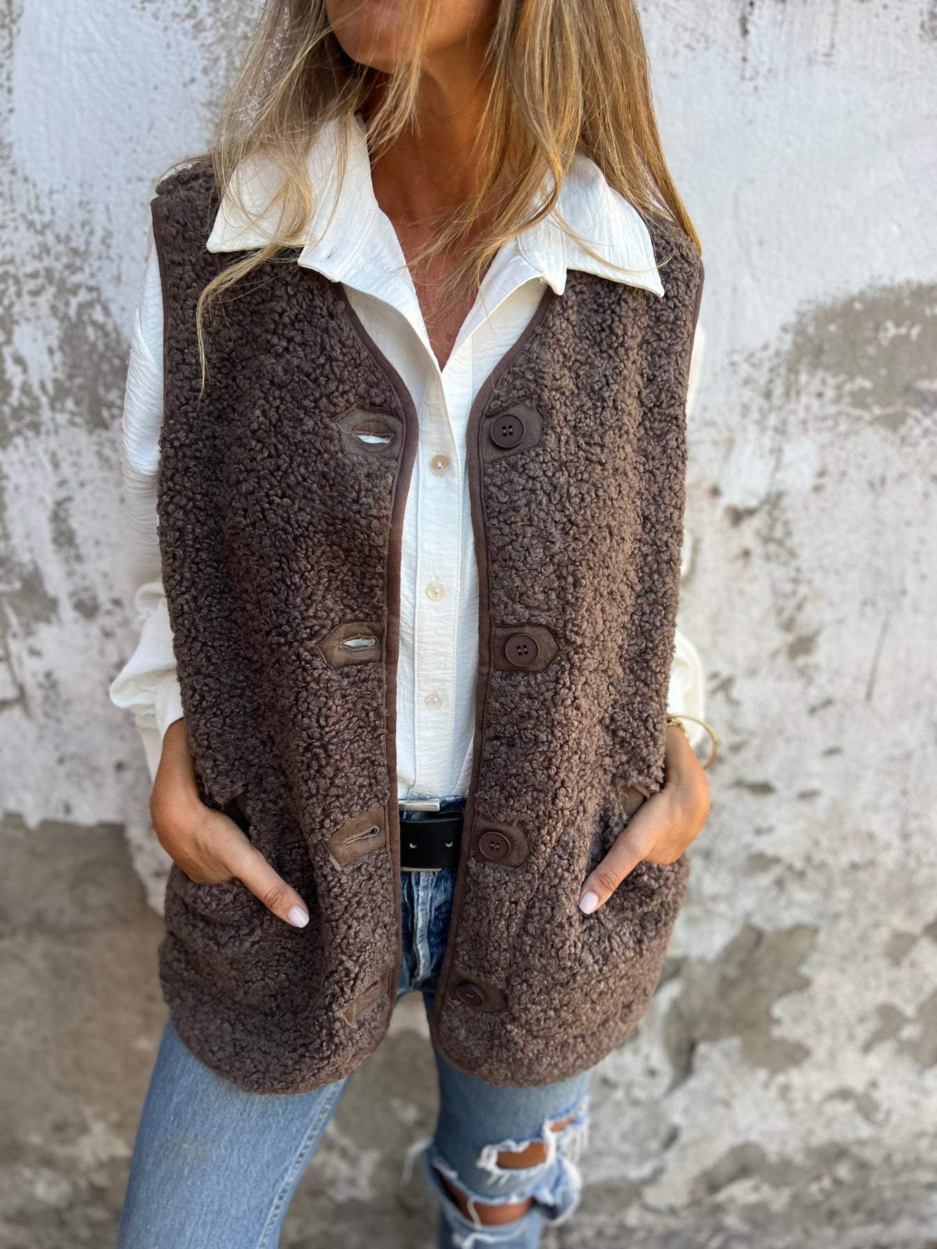Elegant Innovative Slouchy Creative Fleece Button Women's Vest