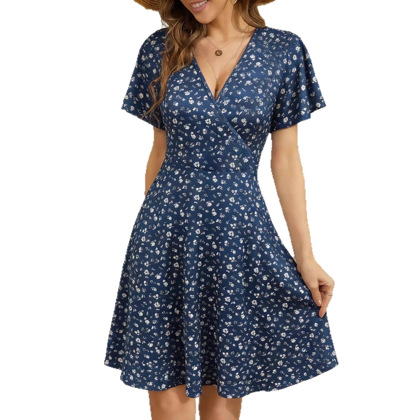 Women's Summer Floral Sleeve Wrap Collar Dress