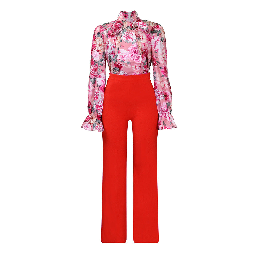 Women's Loose Large Casual Printed Long-sleeved Shirt Pants