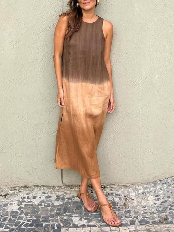 Women's Summer Casual Cotton Linen Sleeveless Slit Dress