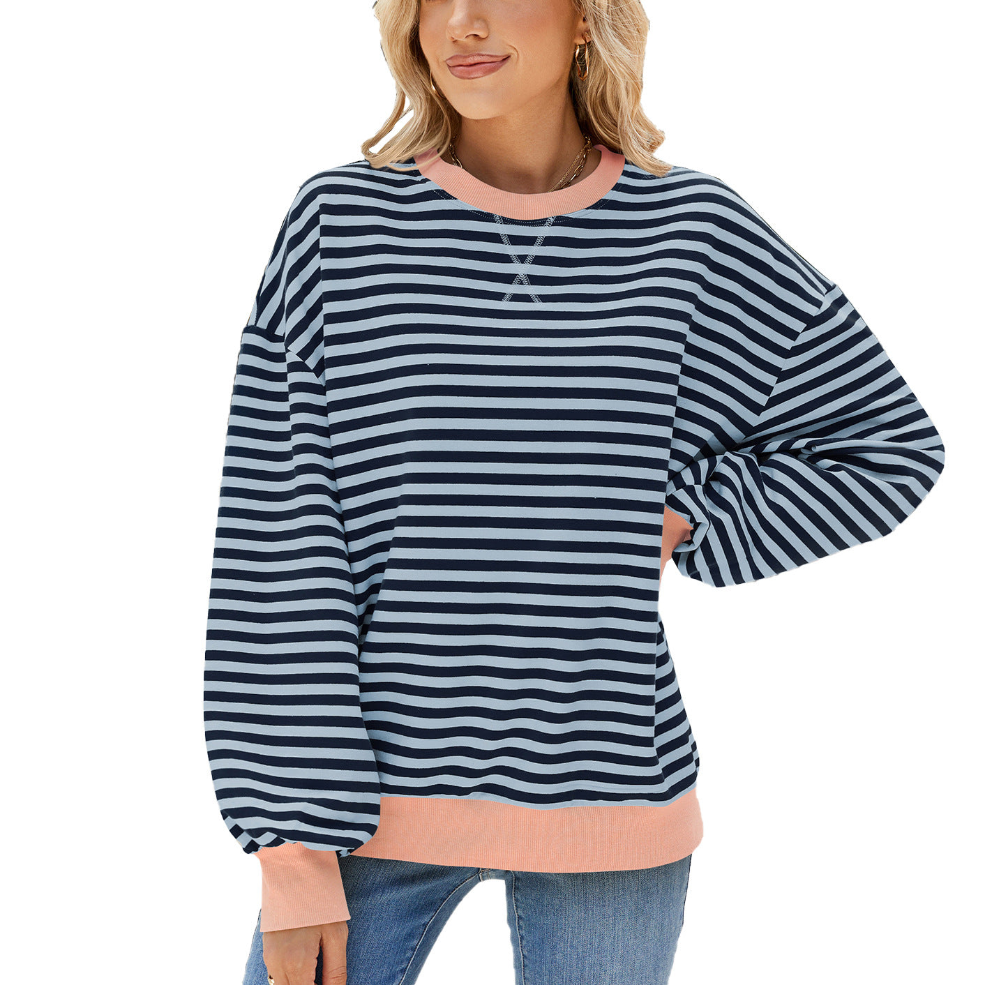 Women's Round Neck Contrast Color Loose Long Sleeve Women's Sweater, Sweater