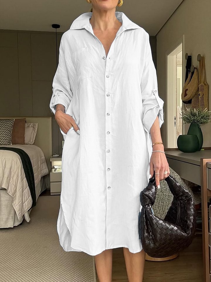 Women's Cotton Linen Shirtdress Fashion Casual Long Dress