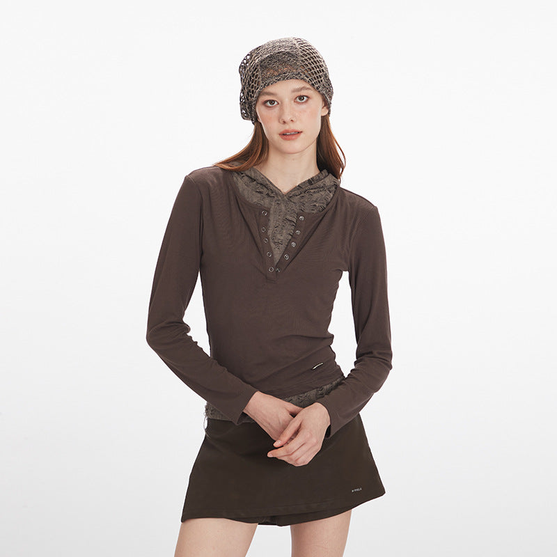 Two-piece Hooded Hole Slim Fit Long-sleeved Blouses