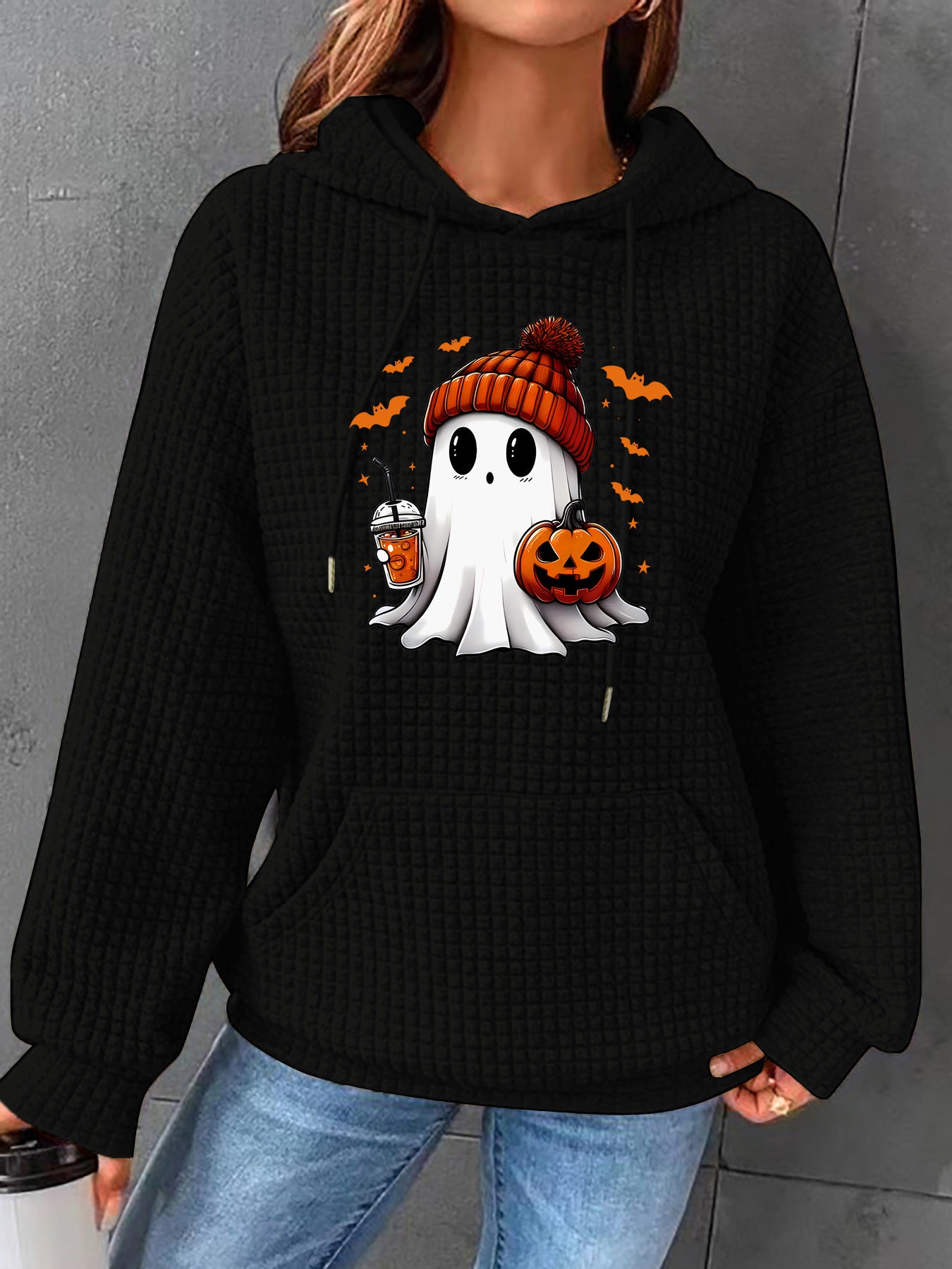 Women's Waffle Hooded Long-sleeved Halloween Printed Loose Sweaters