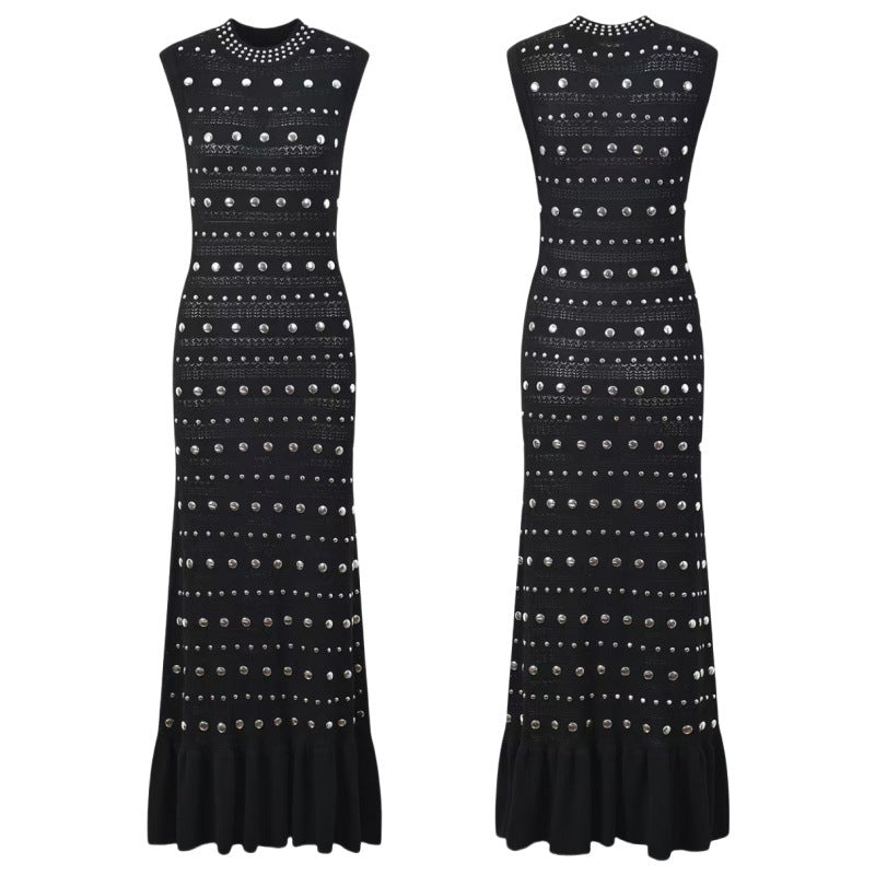 Women's French Rivet Round Neck Sleeveless Black Knitted Long Dresses