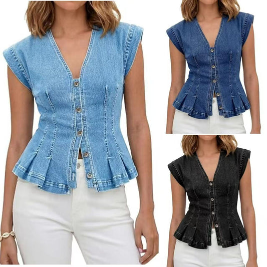 Women's Denim Fashion Casual Buckle Pleated Sleeveless Tops