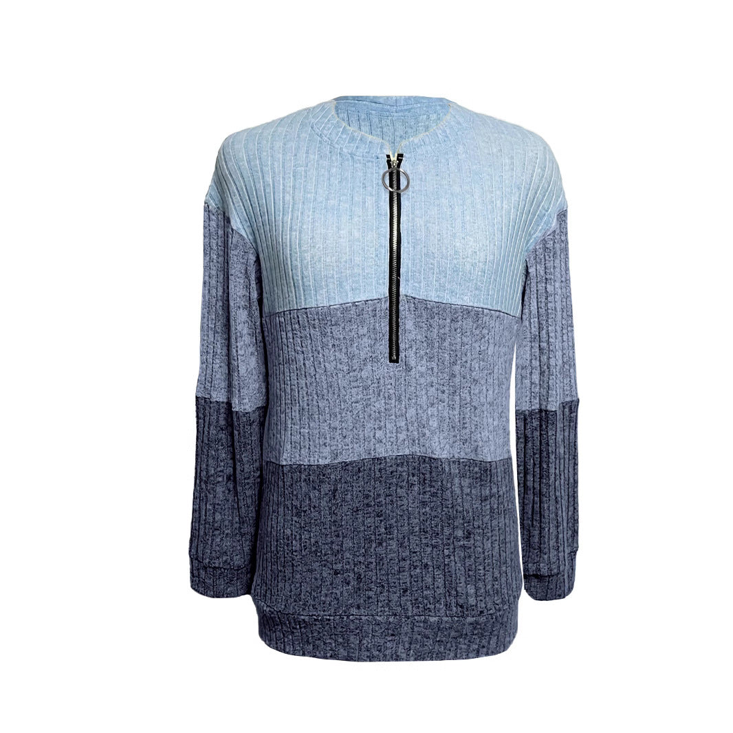 Women's Winter Zipper Color Contrast Patchwork Stand Collar Women's Sweater, Sweater