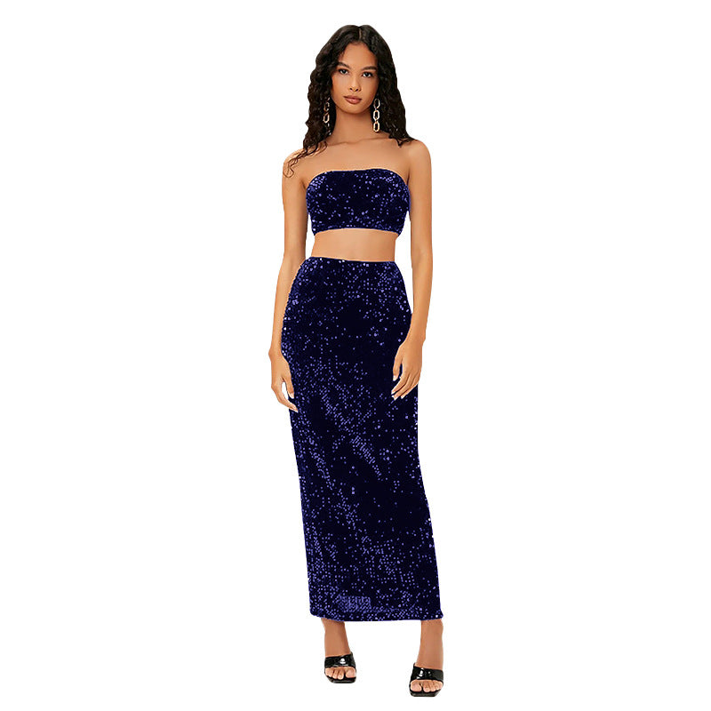 Women's Sequined Backless High-grade Tube Classic Style Casual Suits