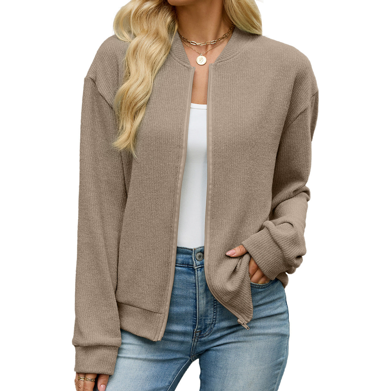 Women's Solid Color Loose Zip Long Sleeve Casual Women's Sweater, Sweater