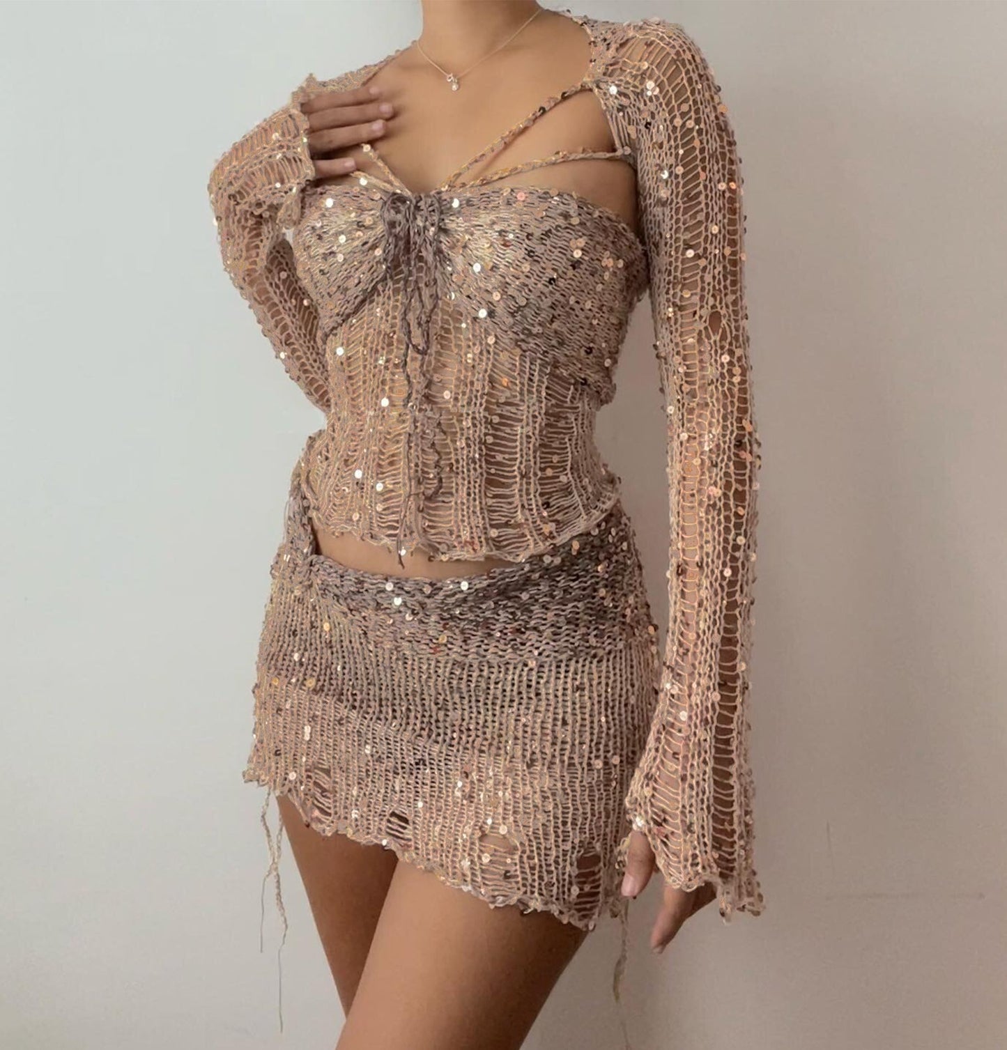 Comfortable Creative Women's Sequin Knitted Three-piece Fashion Casual Suit