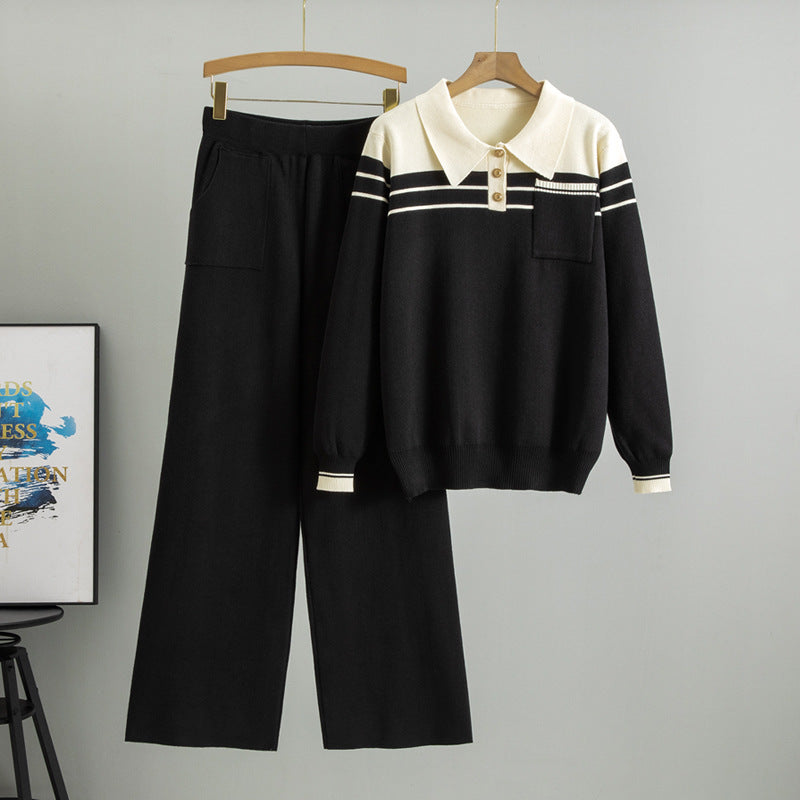 Striped Loose Wide Leg Knitted Two-piece Fashion Casual Suit