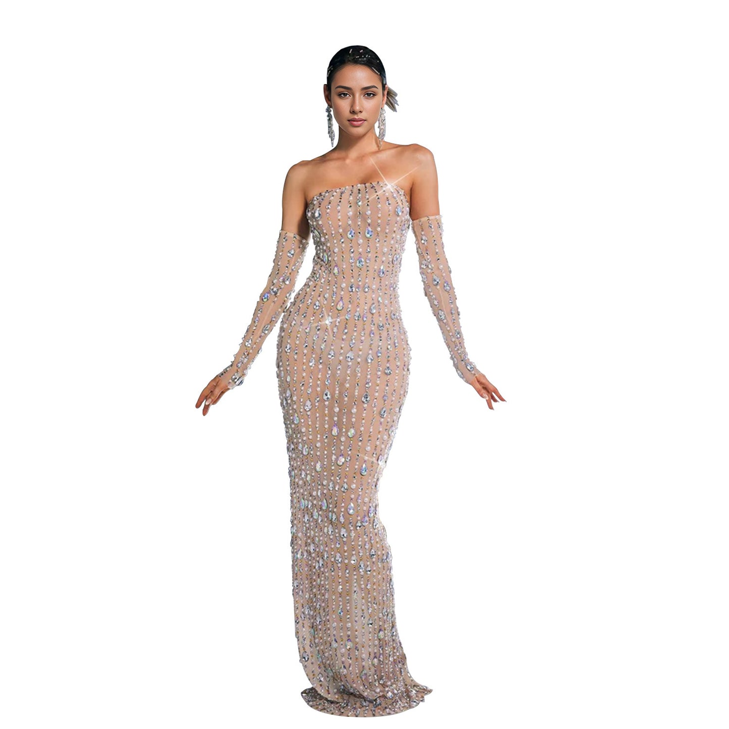 Women's Fashion Wear Rhinestone One-line Dress Long Dresses