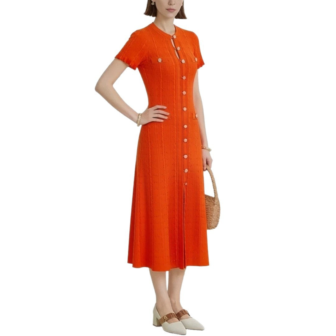 Women's High Quality French Style Temperament Sleeve Hollow Thread Single-breasted Dress